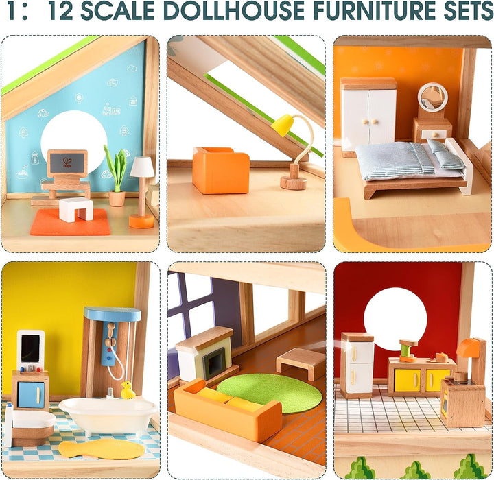 Hape Four Seasons Wooden Doll's House Casă de păpuși premiată cu trei etaje, cu mobilier, accesorii, scări mobile și acoperiș reversibil pentru fiecare sezon