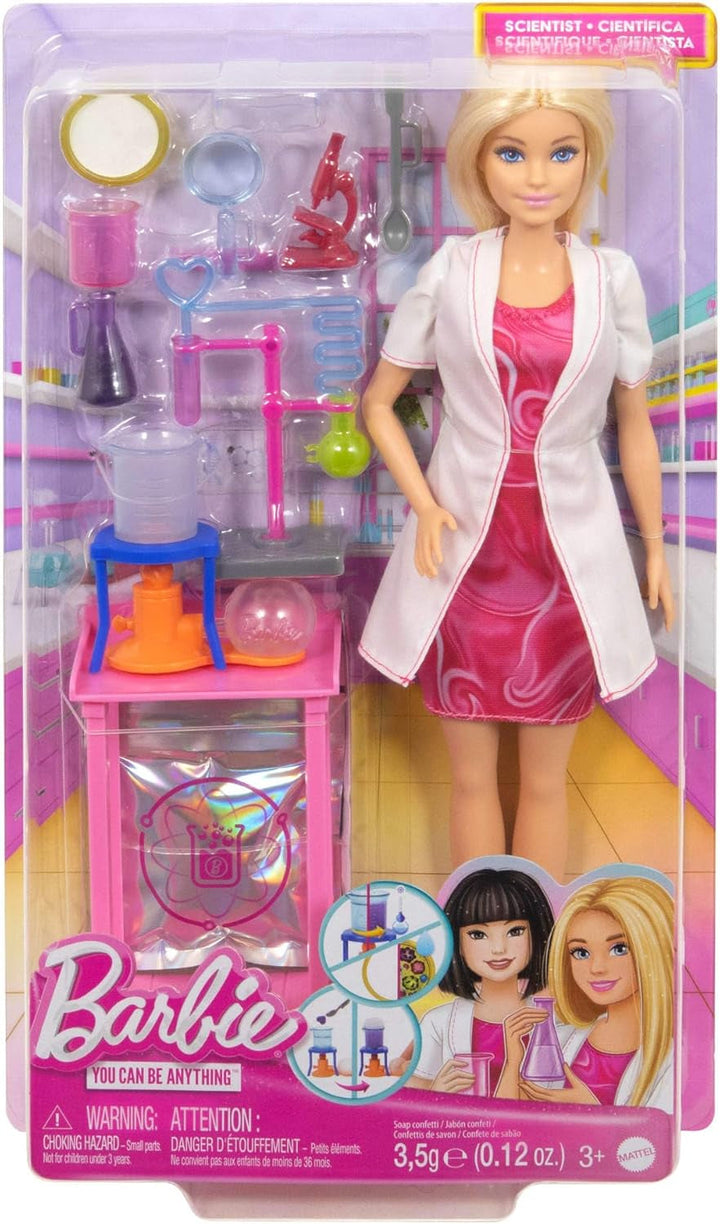Barbie păpușă om de știință și accesorii cu păpușă blondă la modă, masă de laborator, microscop, caser cu schimbare de culoare și vas Petri, JCR70