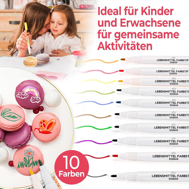 He-Ju Lebensmittelstifte Essbar 10Er Set Ohne E171, Vegan, Glutenfrei, Lebensmittel Stifte Set in 10 Regenbogenfarben Mit 2 Spitzen Zum Malen Und Schreiben Auf Torten & Co.