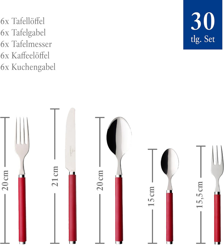 Villeroy & Boch – Play! Red Roses Tafelbesteck Set 30 Teilig Rot, Spülmaschinenfest, Besteck Bunte Griffe, Besteck Kunststoffgriffe, Besteck Set, Essbesteck, Messer, Gabel, Edelstahl, Kunststoff