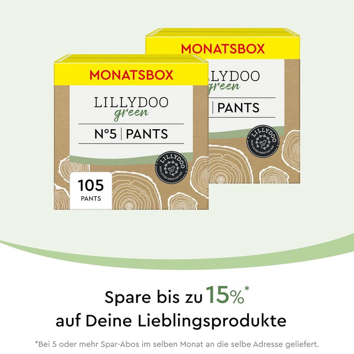 LILLYDOO Green Umweltschonende Pants, Größe 5 (12-17 Kg), Monatsbox (105 Pants)