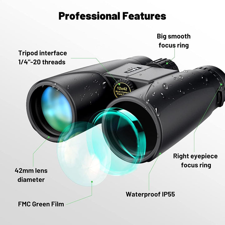 Kylietech, binoclu 12 x 42 HD, compact, rezistent la apă pentru observarea păsărilor, drumeții, vânătoare Binoclu Kylietech