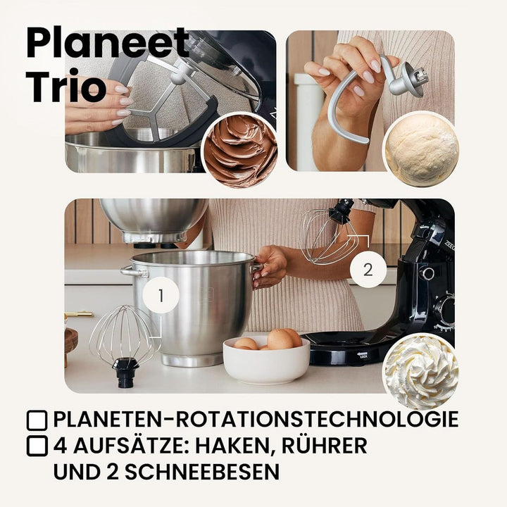 ZEEGMA PLANEET TRIO Planetenroboter, 1500 W, Multifunktionale Küchenmaschine Mit 3 Schüsseln 4 L, 4,5 L Und 5,2 L, 10 Betriebsgeschwindigkeiten, Mixer Mit Haken, Schneebesen (Schwarz)