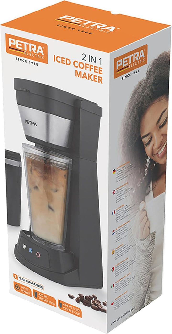 Petra 2 în 1 Iced Coffee Maker - Espresso Cold Brew Machine, cană de călătorie 420Ml, pahar cu paie 440Ml, compatibil cu pudră de cafea / tampoane, filtru de plasă reutilizabil, 700W, PT6214VDE