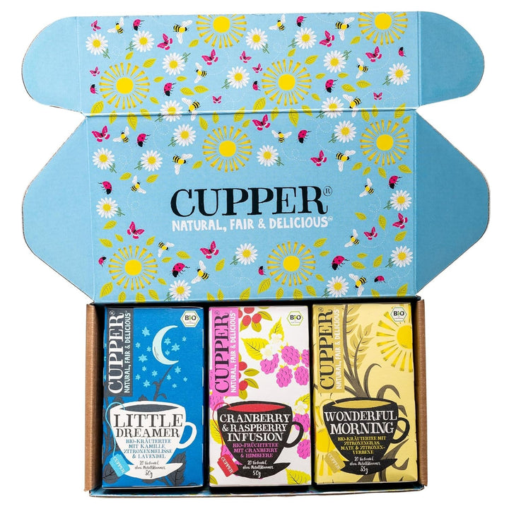 Set de ceaiuri bio Cupper „Fruity”, set cadou de ceaiuri, ceaiuri din fructe, trei sortimente diferite, 60 pliculețe de ceai nealbite, fără plastic, pachet de 3