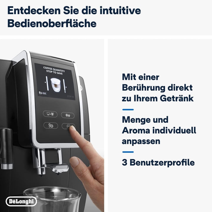 De'Longhi Dinamica plus ECAM 370.70.B Aparat de cafea complet automat cu sistem de lapte Lattecrema, cappuccino și espresso, afișaj color TFT cu ecran tactil de 3,5 inchi și control prin aplicații, funcție cafetieră, negru