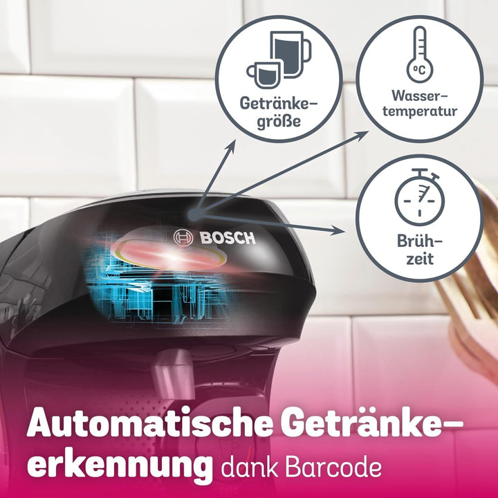 Espressor cu capsule Bosch Tassimo Happy Friendly TAS102E, Peste 70 de băuturi, Potrivit pentru toate tipurile de căni, Oprire automată, Sustenabil, Dozare perfectă, Economie de spațiu, 1400 W, Negru