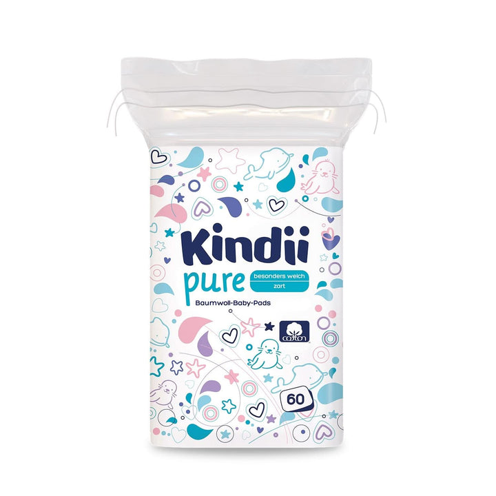 Kindii Pure Baby Pads - 100% Baumwolle - Große Quadratische Pads Für Empfindliche Haut - Ersetzt Feuchttücher - Weich - Weiche Kanten - Kein Ausfransen - 60 Stück.