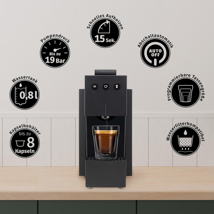 Aparat de capsule K-Fee SQUARE pentru cafea, ceai și cacao | Aparat de cafea compact | Încălzire rapidă | Rezervor de apă de 0,8 litri | 19 bar | Piano Black