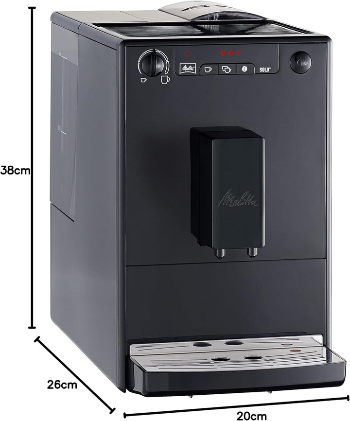 Melitta Solo - Mașină de cafea complet automată cu gura de scurgere reglabilă pe înălțime, Mașină de cafea mică cu rezervor de apă detașabil, De exemplu, pentru espresso sau cremă de cafea, Negru pur