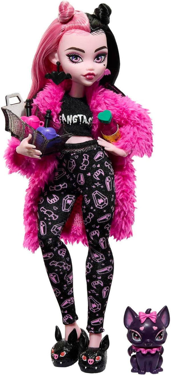 Păpușă MONSTER HIGH și accesorii pentru petrecerea în pijamale, animalul de companie al păpușii Draculaura Bat Count Fabulous, Creepover Party, HPY66