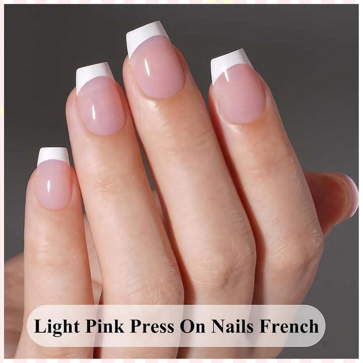 Unghii franceze roz deschis, autoadezive - 32 bucăți de unghii franceze pentru lipit - Unghii artificiale pătrate, scurte - Unghii artificiale respirabile pentru lipit - Unghii artificiale cu acoperire completă pentru femei (roz deschis)