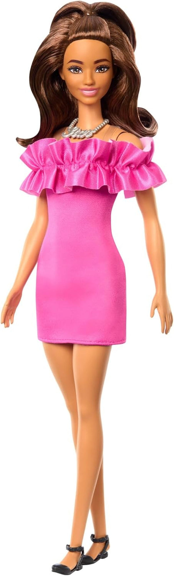 Barbie Fashionistas păpușă nr. 217 cu păr ondulat castaniu, o rochie roz cu umerii deschiși, păpușă de modă pentru a colecta cu ocazia celei de-a 65-a aniversări, HRH15
