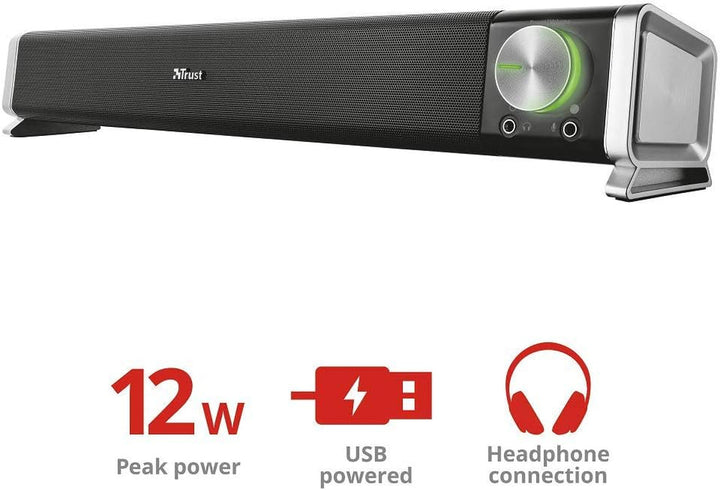 Trust Asto Soundbar 12 W Spitzenleistung (6 W RMS), PC Lautsprecher, USB Betrieb, 3,5 Mm AUX Anschluss, Stereo Soundsystem, Computer Boxen Für PC, Laptop, Monitor, TV, Musik, Audio - Schwarz