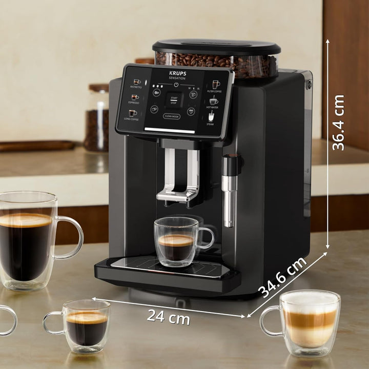 Espressor automat Krups Sensation, spumator de lapte, 5 băuturi, funcție cafea filtrată, funcție 2 cești, espressor, negru, fabricat în Franța, EA910810