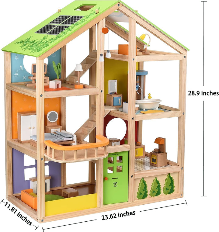 Hape Four Seasons Wooden Doll's House Casă de păpuși premiată cu trei etaje, cu mobilier, accesorii, scări mobile și acoperiș reversibil pentru fiecare sezon