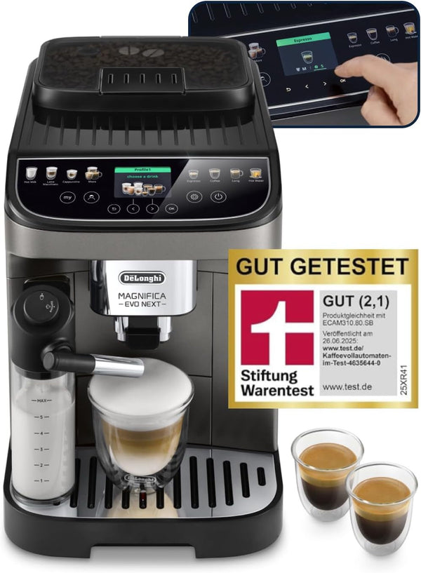 De'Longhi Magnifica Evo Next ECAM312.80.TB, aparat de cafea complet automat cu 13 băuturi (cappuccino, espresso, latte macchiato), ecran color TFT de 2,4'', sistem latte crema lapte, funcție 2 căni, titan