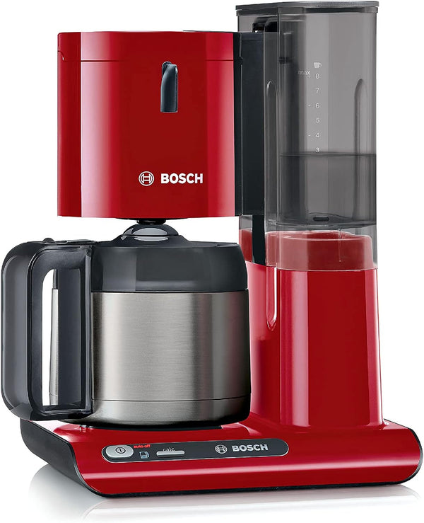 Cafetiera cu filtru Bosch Styline TKA8A054, Termos din oțel inoxidabil de 1,1 litri, Pentru 8-12 cești, Rezervor de apă detașabil, Stop picurare, Suport filtru pivotant, Compartiment de depozitare cablu, 1100 W, Roșu