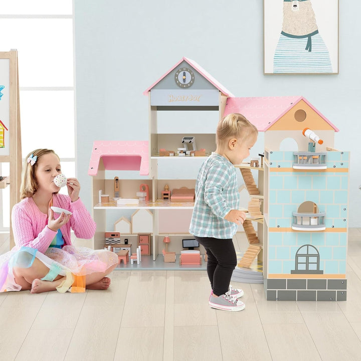 Casă de păpuși din lemn FANTASK, casă de păpuși 94 cm înălțime cu 41 de piese de mobilier și accesorii, vilă de păpuși cu 6 camere, terasă și garaj, cadou pentru fete de la 3 ani