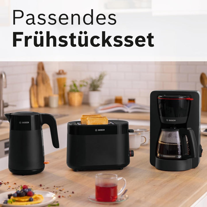 Espressor cu filtru Bosch Mymoment TKA2M113, carafă din sticlă de 1,25 l, capacitate 10-15 cești, funcție de menținere la cald timp de 40 de minute, sistem anti-picurare, suport pentru filtru rotativ, rezervor de apă detașabil, 1200 wați, negru mat