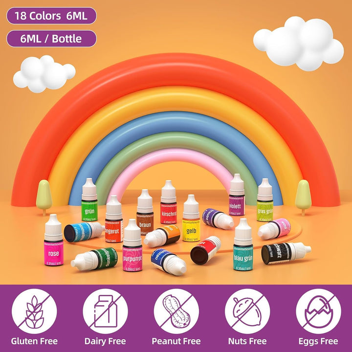 Lebensmittelfarbe 18 Farben X 6Ml, Lebensmittelfarbe Flüssig, Lebensmittel Farben Set Farbstoff, Backfarben Tortendeko Food Coloring Für Kuchen, Macaron, Zuckerguss Fondant DIY Backzubehör