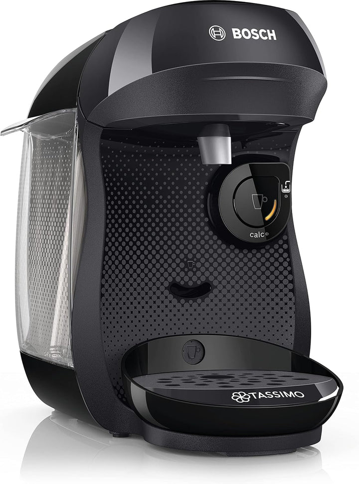 Espressor cu capsule Bosch Tassimo Happy Friendly TAS102EA, Peste 70 de băuturi, Potrivit pentru toate tipurile de cești, Oprire automată, Sustenabil, Include tablete de detartrare, Economie de spațiu, 1400 W, Negru
