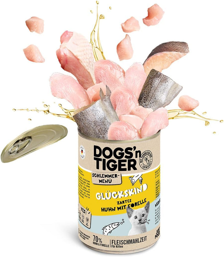 Dogs'N Tiger Gourmet Menu Glückskind, hrană umedă pentru pisoi, pui suculent și păstrăv - fără cereale, zahăr adăugat, conservanți artificiali, compatibilitate optimă, 6X400G