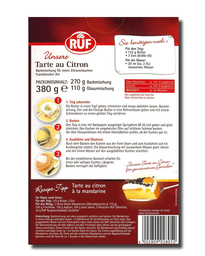 RUF Tarte Au Citron, Backmischung Für Einen Schnellen Zitronen-Kuchen Französischer Art, Mit Fruchtiger Zitronen-Glasur