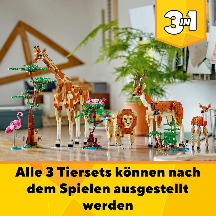 LEGO Creator 3In1 Animal Safari, set creativ cu figurine de animale, 3 opțiuni de construcție: Girafă de jucărie, gazelă și leu, animale de jucărie pentru fete și băieți, cadou natural pentru copii cu vârsta de 9+ 31150
