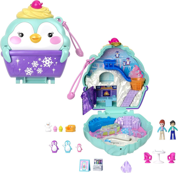 Polly Pocket păpuși și set de joacă, Bubble Tea Panda Box, jucărie pentru animale cu 2 păpuși mici, Panda și accesorii pentru mâncare, HWN95