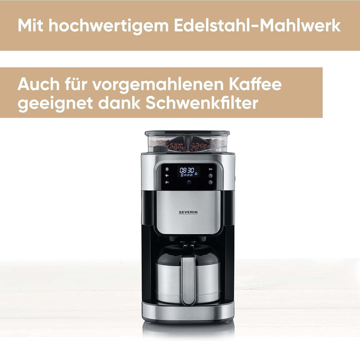 SEVERIN Filtru de cafea cu râșniță din oțel inoxidabil și ulcior termo, măcinare fină și nivel de măcinare selectabil individual, 1000 W, pentru până la 8 cești / Aprox. 1 litru, negru, KA 4814