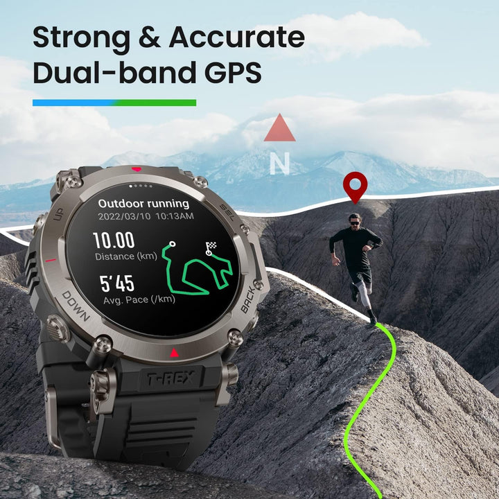 Amazfit T-Rex Ultra 47mm smartwatch în aer liber, GPS dual-band, import de rute și navigație 6, suport pentru freediving și rezistență la apă 10 ATM, funcționare la temperaturi ultra scăzute -30 ° în calitate militară