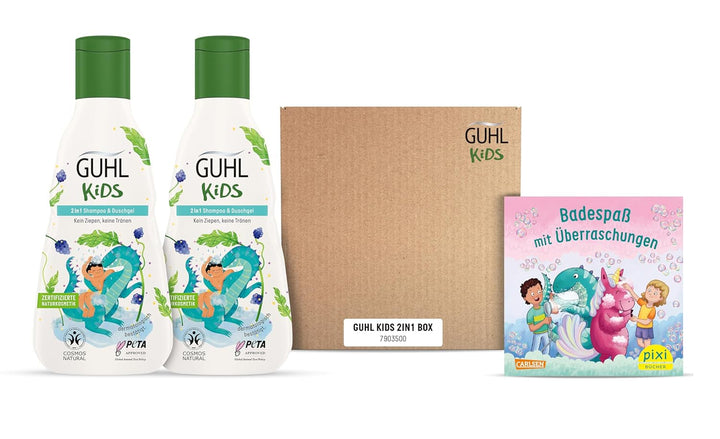 Guhl Kids Dino advantage set - 2x Guhl Kids 2 în 1 Șampon & Gel de duș, 250ml + 1x Pixi book - Special dezvoltat pentru copii - Nu se trage - Certificat Cosmos Natural
