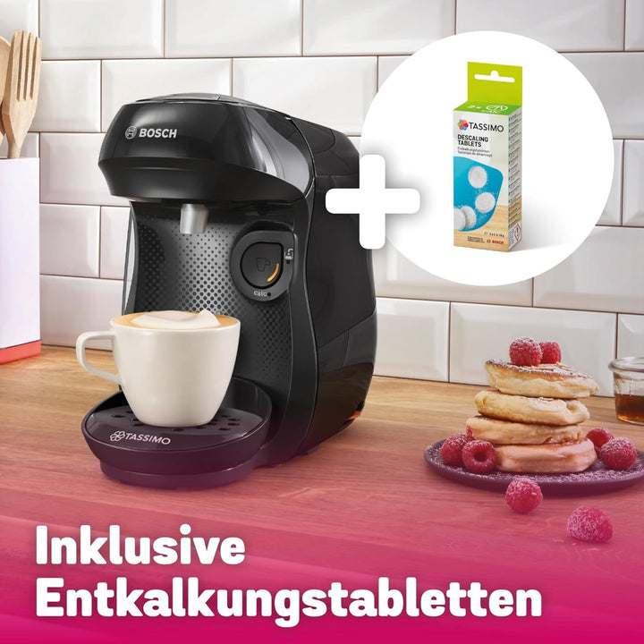 Espressor cu capsule Bosch Tassimo Happy Friendly TAS102EA, Peste 70 de băuturi, Potrivit pentru toate tipurile de cești, Oprire automată, Sustenabil, Include tablete de detartrare, Economie de spațiu, 1400 W, Negru