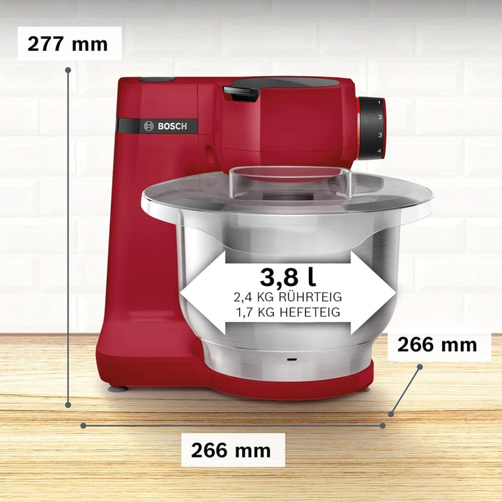 Bosch Küchenmaschine Serie 2 MUMS2ER01, Edelstahl-Schüssel 3,8 L, Planetenrührwerk, Knethaken, Schlag-, Rührbesen Edelstahl, Durchlaufschnitzler, 3 Scheiben, 700W, Rot