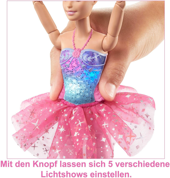 Păpușa Barbie Dreamtopia Magic Light Ballerina, cu tutu roz și păr blond, 5 efecte luminoase și sonore, Barbie mobilă, de la 3 ani, HLC25