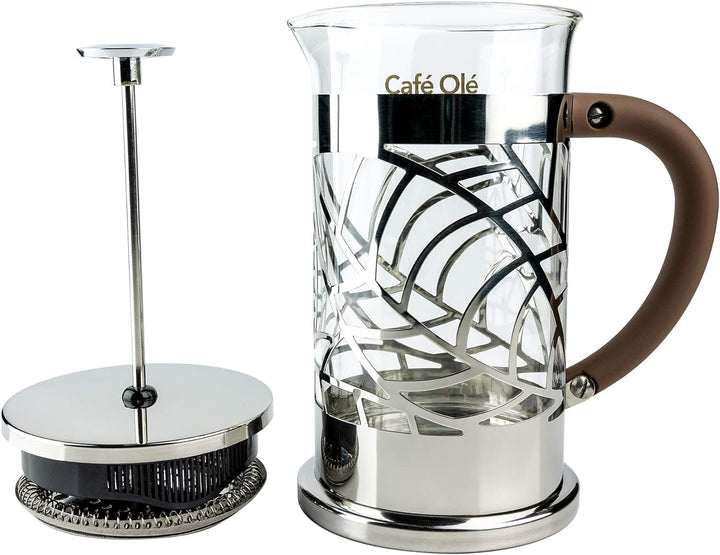 Grunwerg Café Olé Floral transparent filtru de cafea Presă de cafea din oțel inoxidabil 18/10 și sticlă 600 ml 4 pahare Demitasse, argintiu