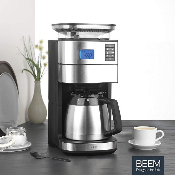 BEEM FRESH-AROMA-PERFECT II Cafetieră cu filtru și râșniță - Termo | Oțel inoxidabil | Ulcior termo | Cronometru 24 ore | 1000 W | Recipient pentru boabe 180 G