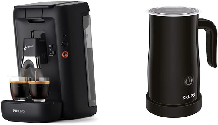 Aparat de cafea cu doze Philips Senseo Maestro cu selecție a intensității cafelei și funcție memo & spumator electric de lapte Krups XL1008 | Capacitate de spumare de până la 150 ml negru