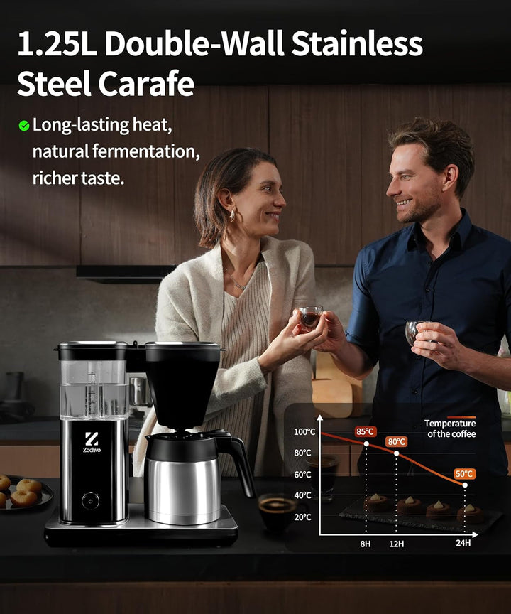 Cafetieră cu filtru Cu termos de 1,25L, preparare rapidă 4,5 min., control al temperaturii 92°C Pid, oprire picurare 30S, filtru reutilizabil, curățare automată, fără Bpa, design din oțel inoxidabil