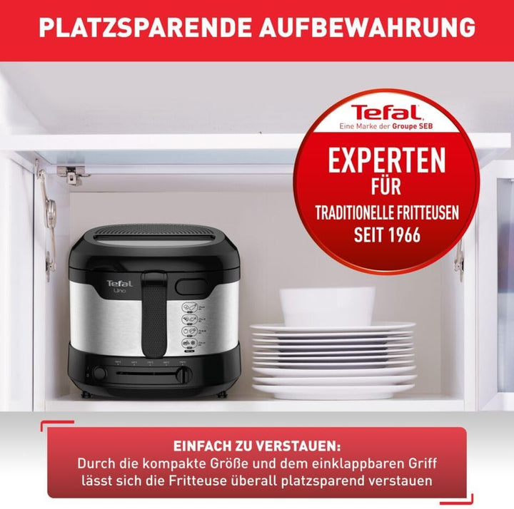 Tefal Uno M Fritteuse FF215D | 1470 Watt | Kapazität: 1 Kg | Einstellbares Thermostat | Sichtfenster | Abtropfposition | Edelstahl/Schwarz, Medium