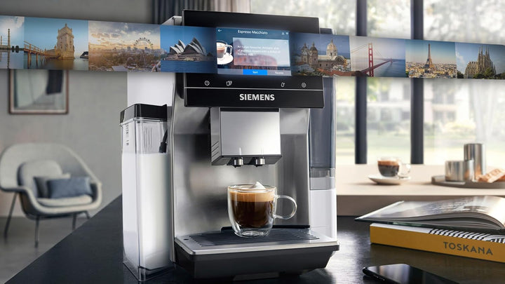 SIEMENS, mașină de cafea complet automată, EQ700, afișaj Iselect, Coffeeworld, Cold Brew, Slow Brew, recipient pentru lapte, adaptor pentru cărămizi de lapte, Home Connect, oțel inoxidabil, alb, TQ715R03 Integral