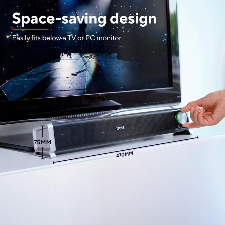 Trust Asto Soundbar 12 W Spitzenleistung (6 W RMS), PC Lautsprecher, USB Betrieb, 3,5 Mm AUX Anschluss, Stereo Soundsystem, Computer Boxen Für PC, Laptop, Monitor, TV, Musik, Audio - Schwarz