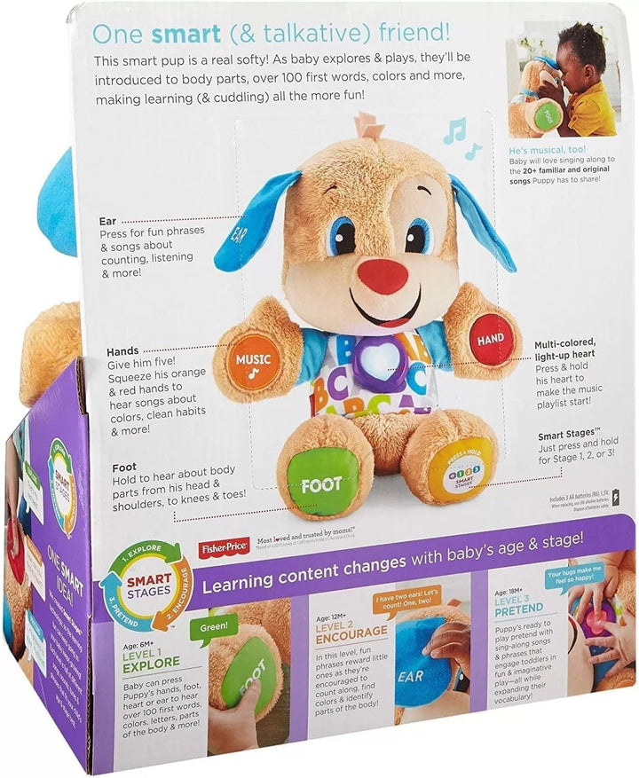 Câine distractiv de învățare Fisher-Price cu trei niveluri | jucărie de pluș vorbitoare cu muzică ca jucărie pentru copii și jucărie pentru bebeluși | ursuleț de pluș interactiv, versiune: UK-English , FPM43 Jucarii Bebe Naty Shop