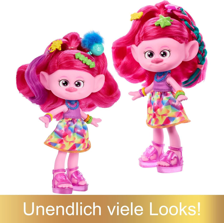 Mattel DREAMWORKS TROLLS Together Strong - păpușă de modă Hair-Tastic Queen Poppy - 15+ accesorii, pieptene cu sclipici, gel cu sclipici lavabil, pentru copii cu vârsta peste 3 ani, HNF25