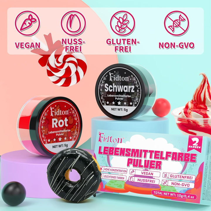 Lebensmittelfarbe Pulver - 2 Farben Ultrahochkonzentrierte Wasserlösliches Lebensmittelfarben, Food Coloring Für Fondant, Lebensmittel Farben, Makronen, Backen, Lebensmittelfarbe Rot Und Schwarz - 5 G