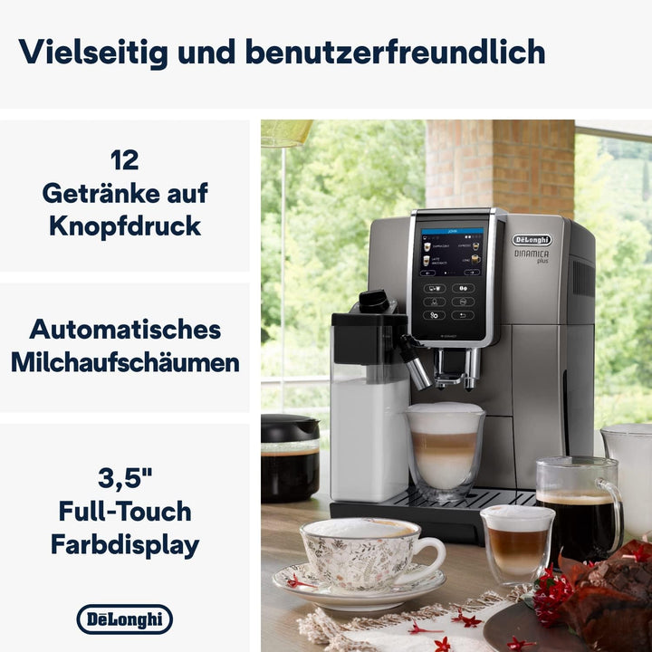 De'Longhi Dinamica plus ECAM 372.95.TB aparat de cafea complet automat cu sistem de lapte Lattecrema, cappuccino și espresso la apăsarea unui buton, ecran tactil color, control prin aplicație, funcție cafetieră, titan/negru
