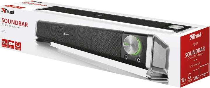 Trust Asto Soundbar 12 W Spitzenleistung (6 W RMS), PC Lautsprecher, USB Betrieb, 3,5 Mm AUX Anschluss, Stereo Soundsystem, Computer Boxen Für PC, Laptop, Monitor, TV, Musik, Audio - Schwarz