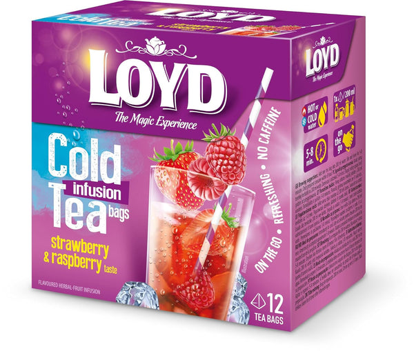 LOYD - Ceai rece cu căpșuni și zmeură - 12 pliculețe piramidale, ceai rece de vară, ceai rece aromatizat, cu ingrediente naturale, apă aromatizată, fără adaos de zahăr, preparat la rece - 30 g