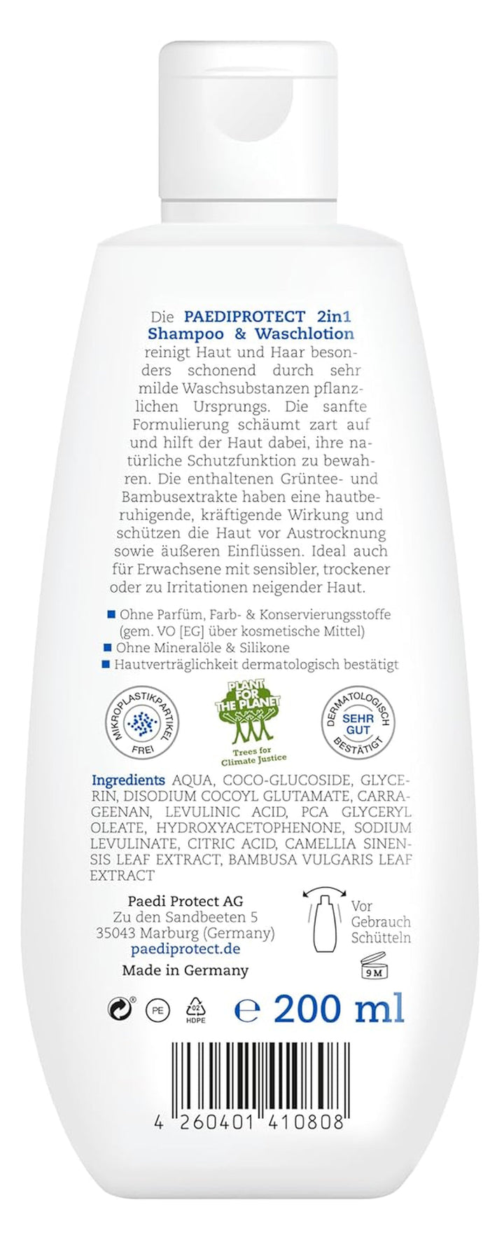 PAEDIPROTECT 2in1 șampon și loțiune de spălare pentru bebeluși și copii 200 ml, curățare delicată și păr fără parfum și microplastice, gelul de duș hidratează pielea uscată și sensibilă, de asemenea pentru adulți